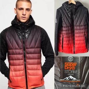Superdry Storm Ombre Hybrid Zip Up Quilted Hoodie Jacket Sweater Black Red XL